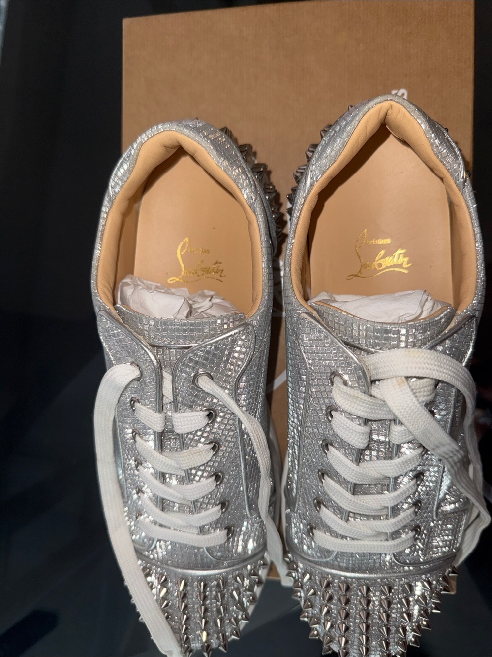 Christian Louboutin Silver Crystal Spike Low-Top Sneakers - Picture 7 of 8